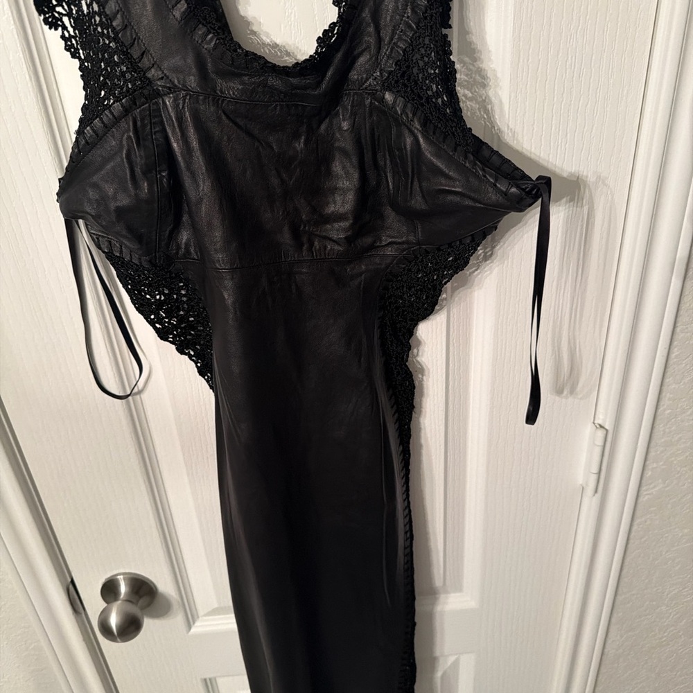 Y2K Black Faux Leather Crochet Lace Bodycon Dress | Kim K Style